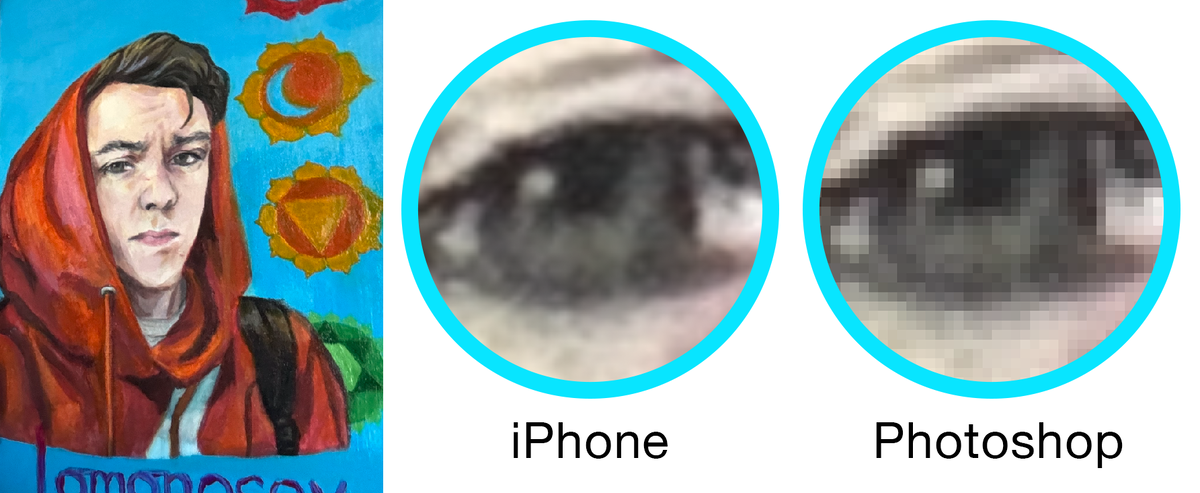 Сравнение увеличенной фотографии на телефоне и в фотошопе