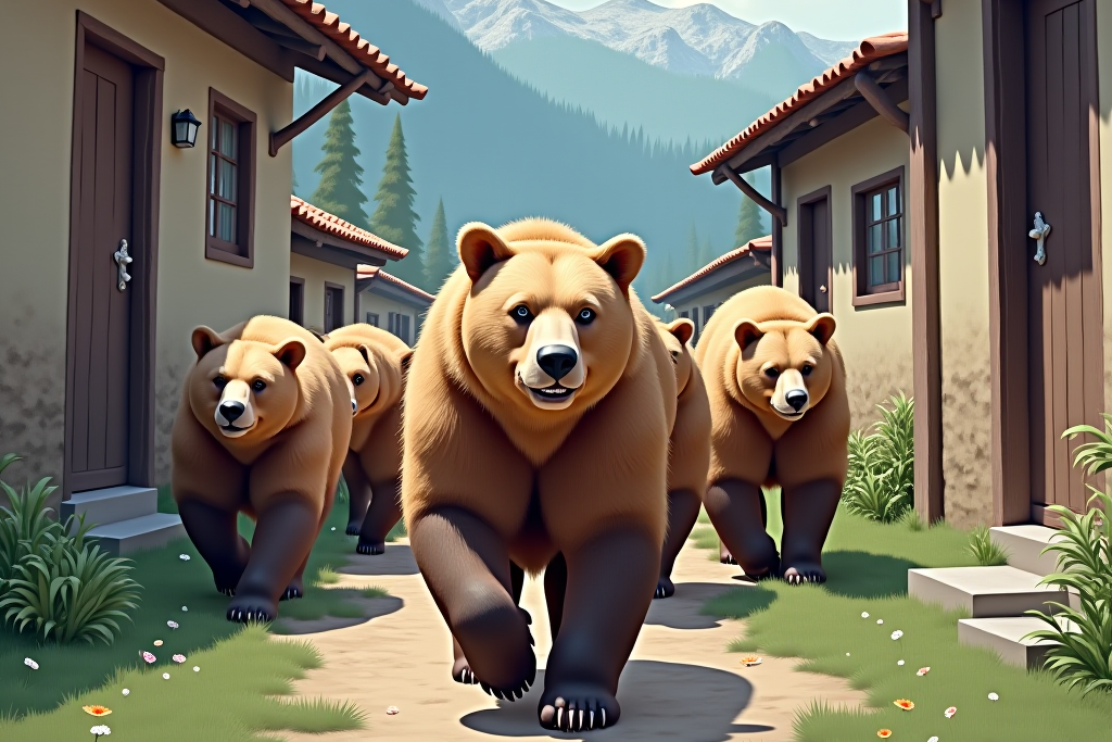 Бурые медведи идут по улице. Создано ИИ. 
