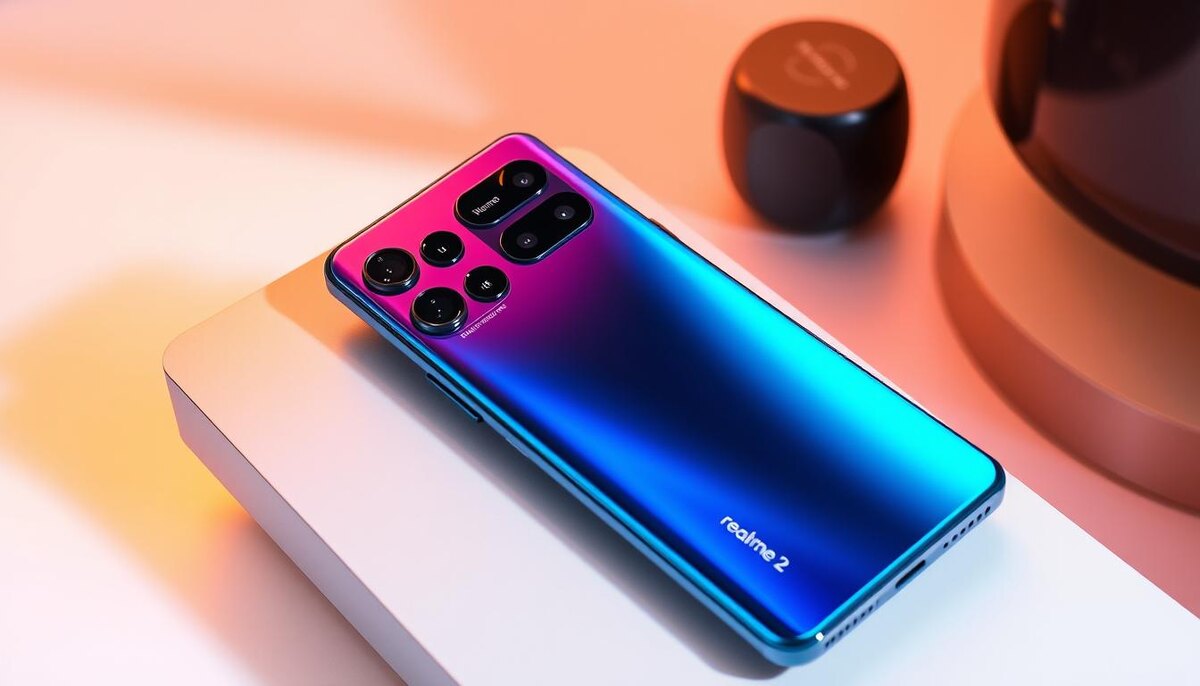 A modern and sleek smartphone on a stylish surface, showcasing the Realme 12 Pro with its vibrant display, multiple camera lenses on the back, and a premium finish. The background features soft gradients and subtle technological elements to emphasize innovation and design.