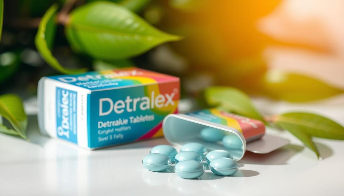 A close-up view of Detralex tablets, showcasing the sleek packaging with vibrant colors, placed on a clean, white surface. Soft natural lighting highlights the texture of the tablets, surrounded by green leaves symbolizing natural healing, conveying a sense of health and wellness.