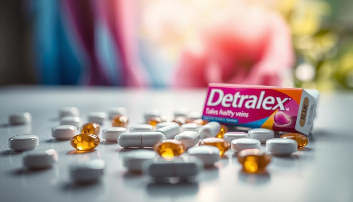 A close-up of Detralex tablets scattered on a smooth surface, surrounded by soft lighting that enhances their glossy coating. In the background, a blurred representation of healthy veins and subtle hints of nature, symbolizing effective venous treatment. The focus is on the vibrant colors of the tablet packaging, reflecting quality and health benefits.