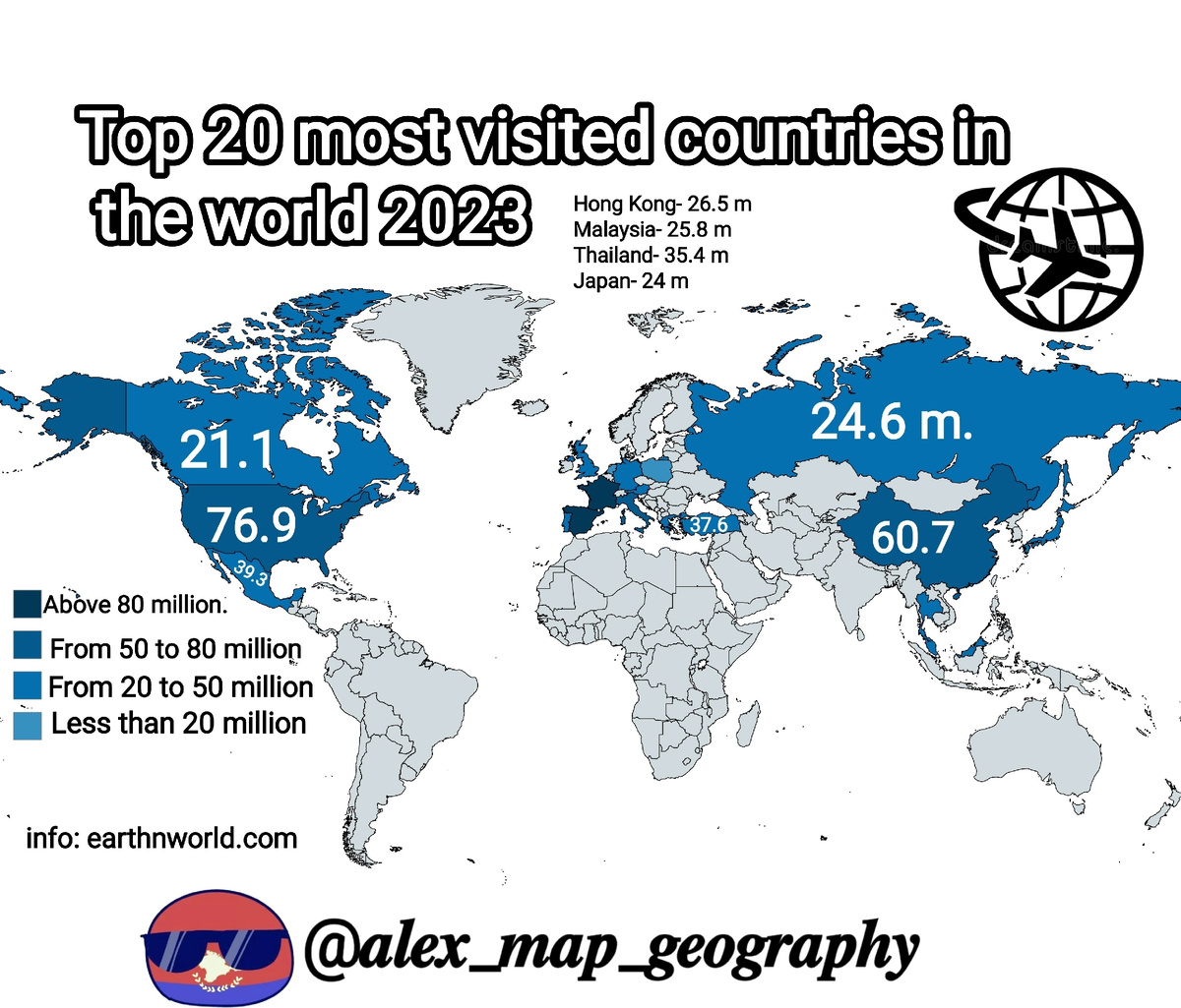 Топ 20 самых посещаемых стран мира в 2023 году. @alex_map_geography