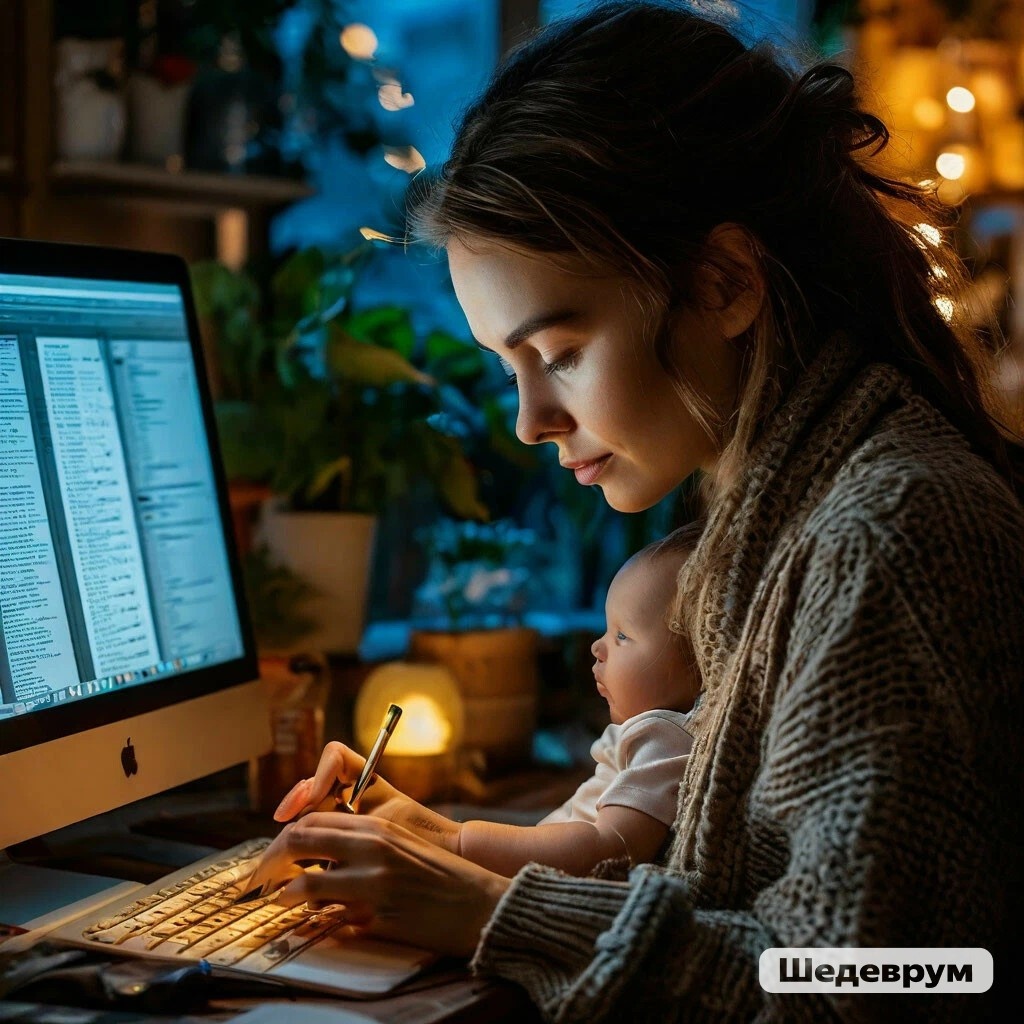 Мама в декрете учится. Изображение сгенерировано нейросетью Шедеврум. 
