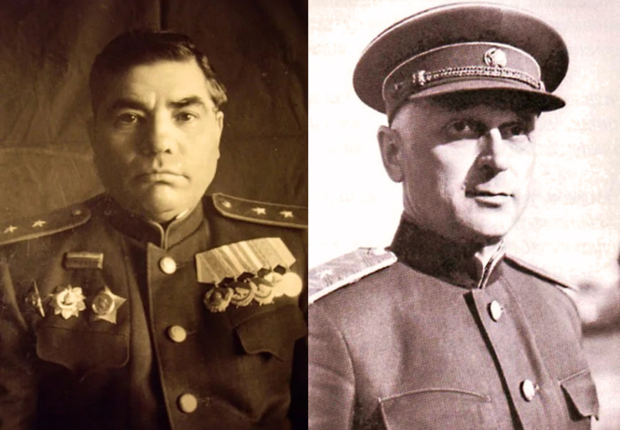 Слева командующий 8-й армией генерал-лейтененат Фили́пп Никано́рович Ста́риков (1896-1980). Справа генерал-майор береговой службы  Иван Николаевич  Кузмичев (1895-1963), командир 260-й отдельной бригады морской пехоты. Оба начали свой боевой путь рядовыми еще в Первую мировую. Причем Кузмичев смог дослужиться до чина штабс-капитана и закончил войну командиром батальона. Участвовал в знаменитом Брусилоском прорыве 1916 года.