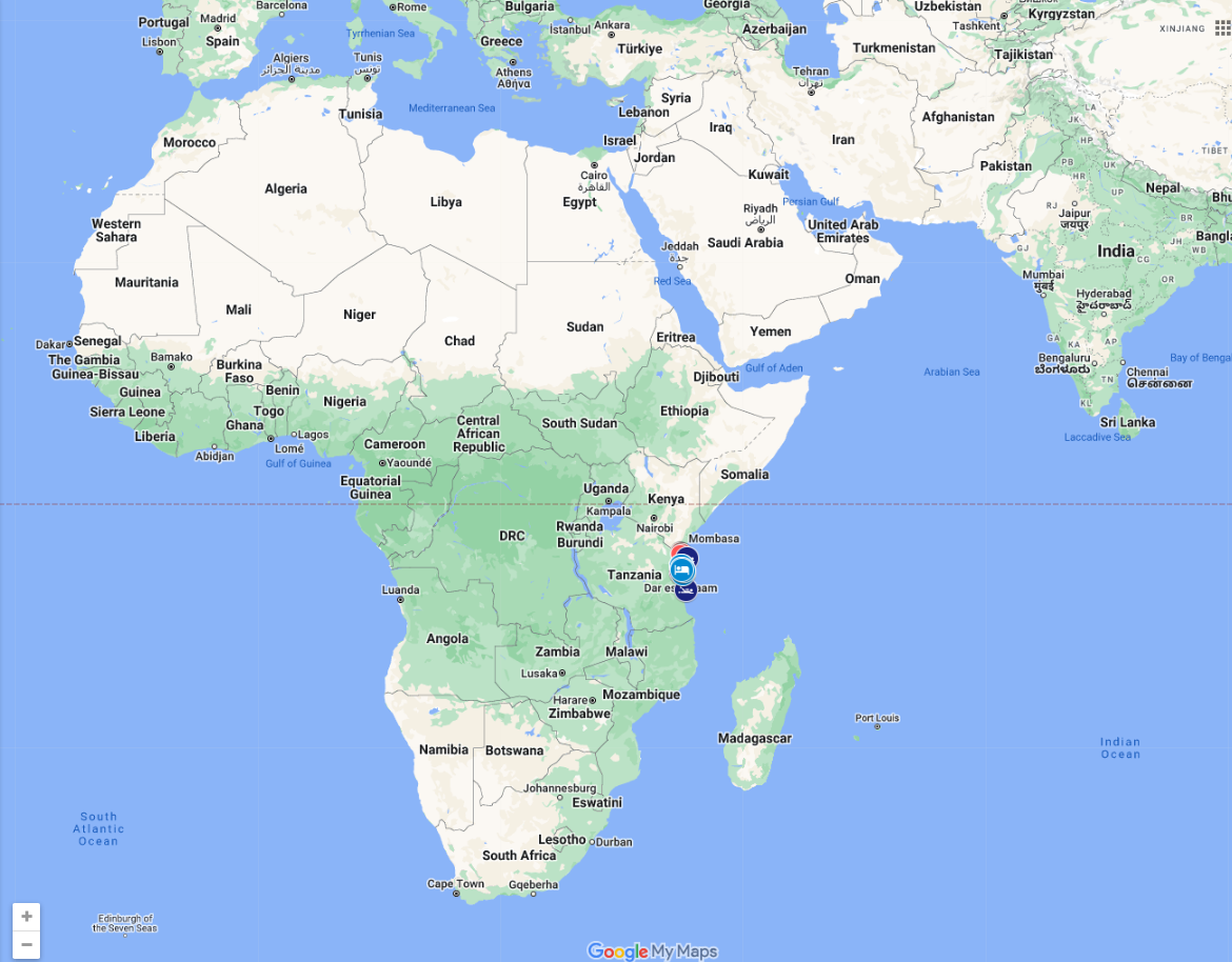 Занзибар справа отмечен синим кружком