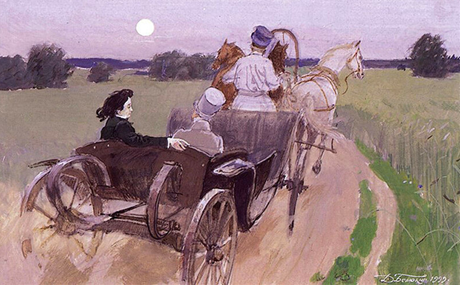 Д. Белюкин (1962) Иллюстрации к роману "Евгений Онегин". Круглая луна, которая напомнила Евгению об Ольге, видна отчетливо. 