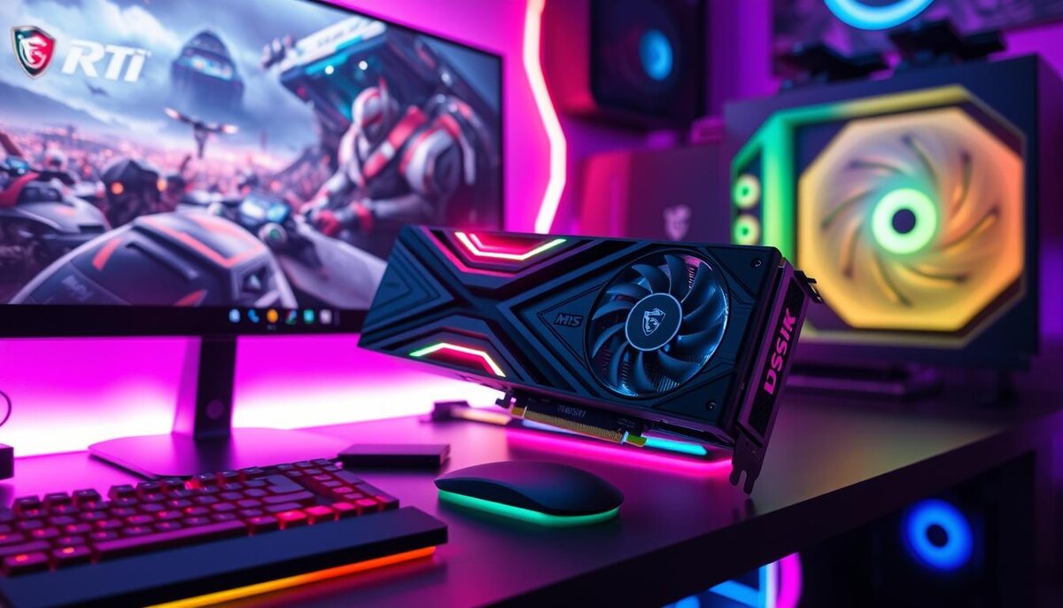 Футуристическая игровая установка с видеокартой MSI GeForce RTX 4060, демонстрирующая изящные линии и усовершенствованную систему охлаждения. Сцена освещена яркими светодиодами, подчеркивающими сложные детали карты. Окружающие элементы включают игровой монитор высокого разрешения с захватывающей графикой, современную игровую консоль и стильный рабочий стол с RGB-подсветкой. Атмосфера излучает ощущение передовых технологий и азарта игр нового поколения.