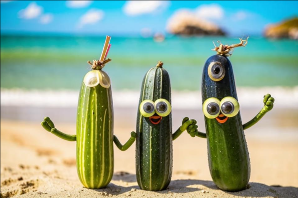 Попросила нейросеть Сбера нарисовать огурцы на пляже. ИИ явно хотел посчитать до трех. Но почему тогда у первого огурца не один глаз, а два за какой-то маской?
