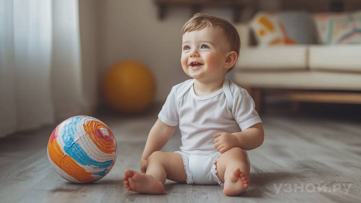     Ребенок сидит на полу рядом с мячиком © Фото: uznay.ru