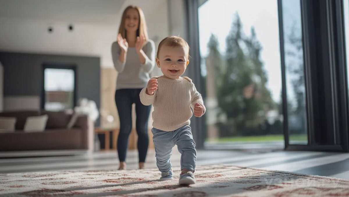     Женщина радуется первым шагам ребенка © Фото: uznay.ru