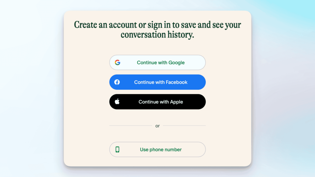 Учетную запись можно создать с помощью учетной записи Google, Facebook, Apple или номера телефона