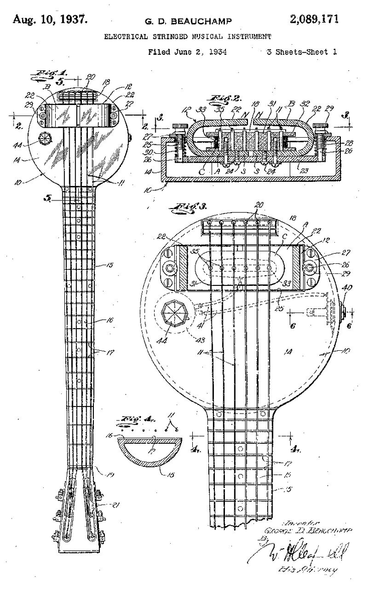 Скан-копия патента Бошама на гитару «Rickenbacker Frying Pan». Да, пришлось ждать целых три года на одобрение патента. Источник: patents.google.com