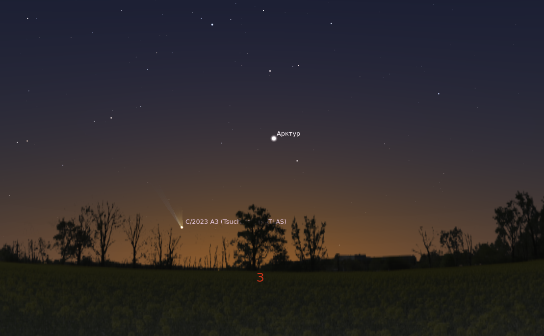 Примерное расположение кометы C/2023 A3 в подмосковном небе 13 октября около 19:00