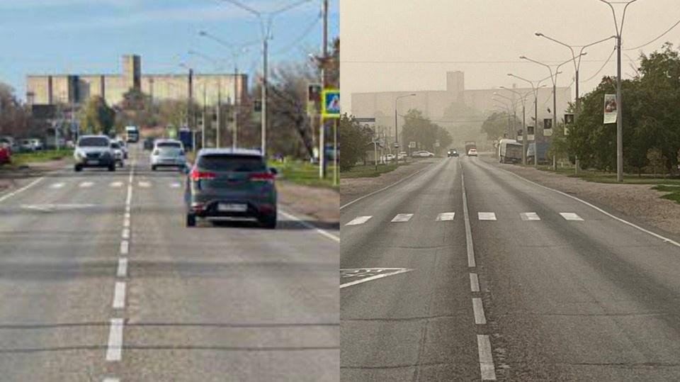    Улица в ясную погоду и во время пылевой бури. Фото: t.me/selgaz_info