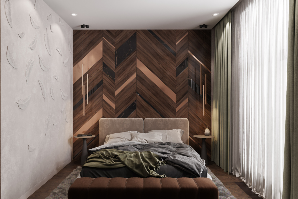 Отделка стен фактурная штукатурка и лепнина, в качестве акцента используется стеновая панель за изголовьем кровати 