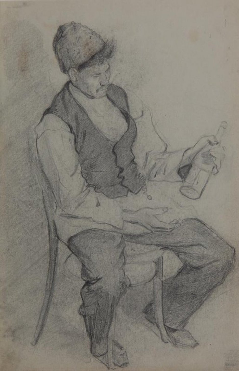 Чирков Иван Петрович Казак с бутылкой в руках. Набросок. Рисунок