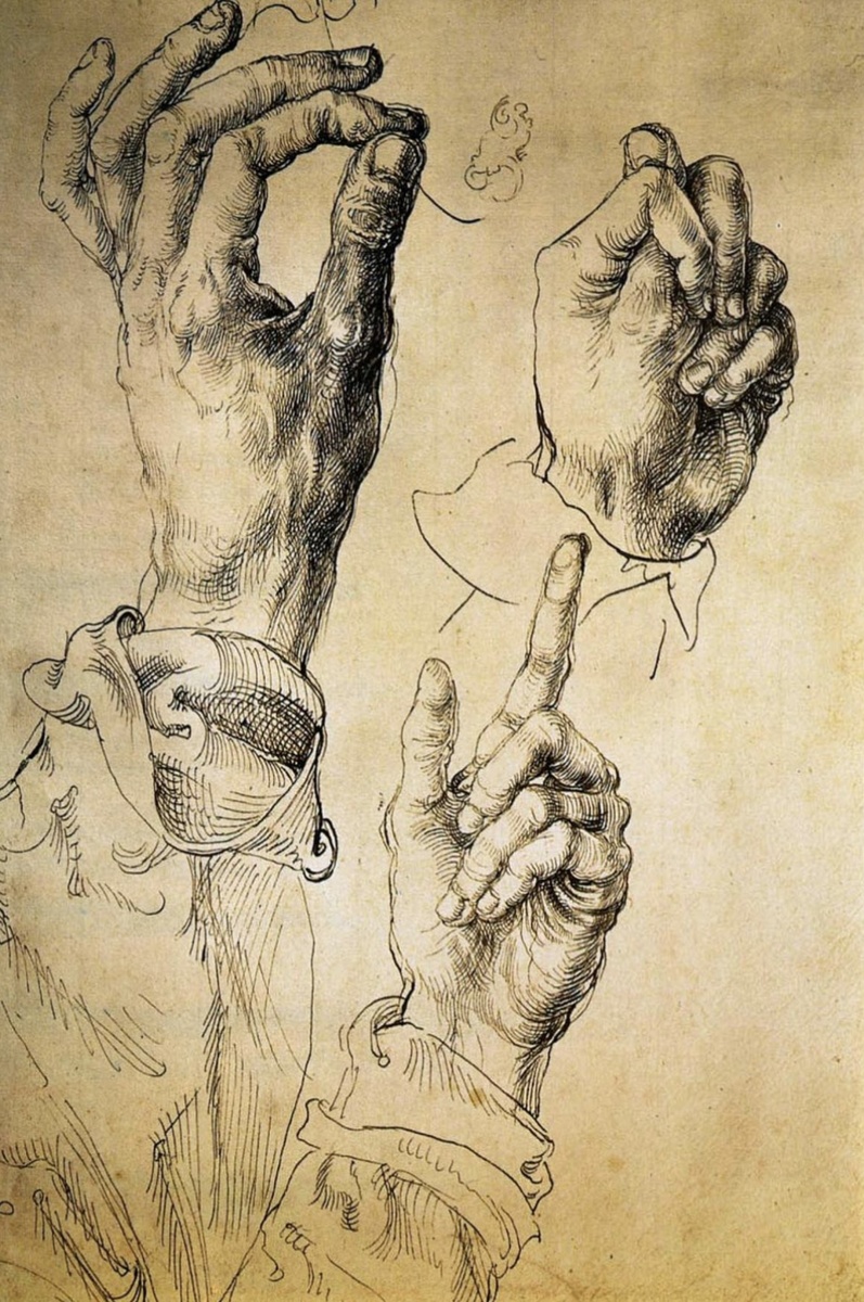Альбрехт Дюрер, Этюд. Левая рука Альбрехта Дюрера 1494, 27×18 см • Чернила, Бумага Галерея Альбертина, Вена