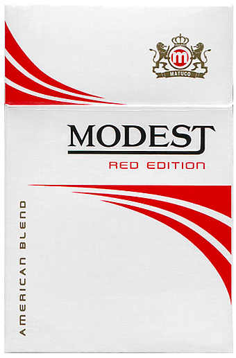 "Modest" Red Edition. Duty Free, Украина, 2018 год. 20 штук, с фильтром, в боксе, в целлофане. 8 мг смол, 0,8 мг никотина. Производитель: "Al Matuco", Объединенные Арабские Эмираты. Владелец торговой марки: "Al Matuco".