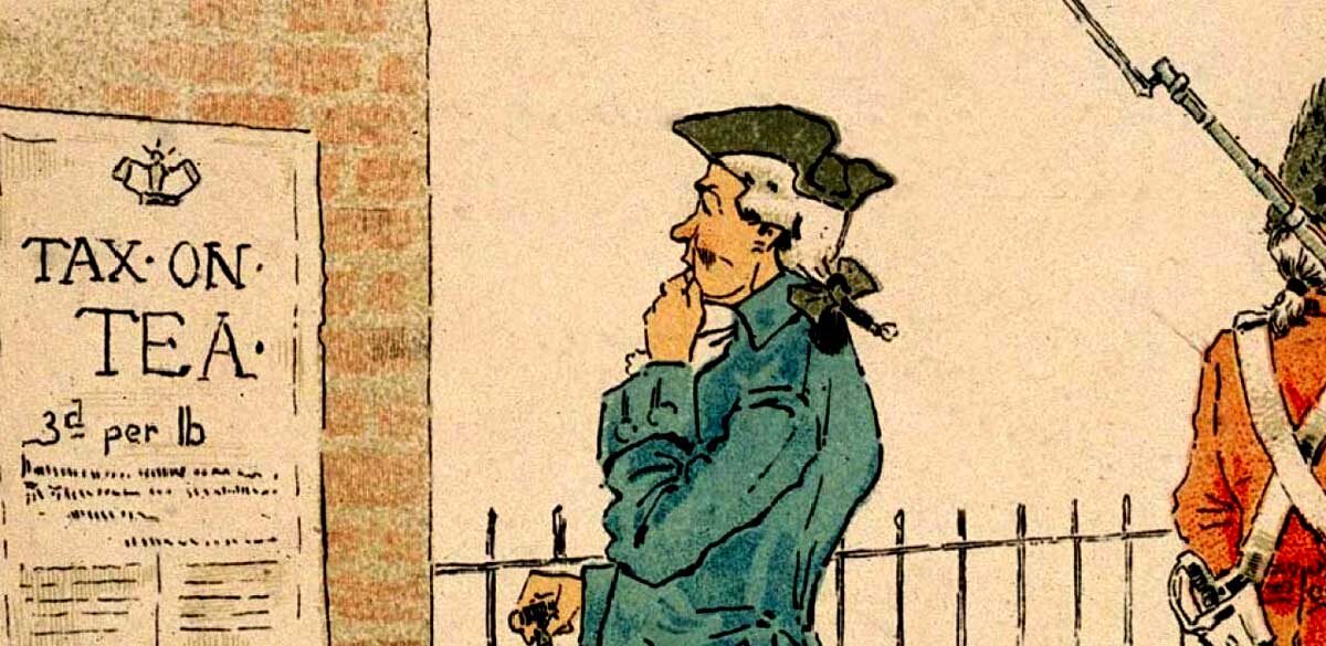 Изображение американского колониста, читающего новости о печально известном налоге на чай в Великобритании, который был частью Закона о доходах Тауншенда 1767 года, предоставленное Американским трастовым фондом Battlefield Trust.
