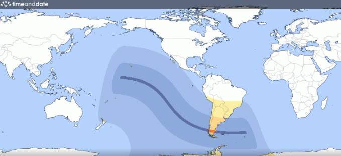 Путь тени солнечного затмения в Весах 2 октября 2024. Изображение с сайта timeanddate.com 