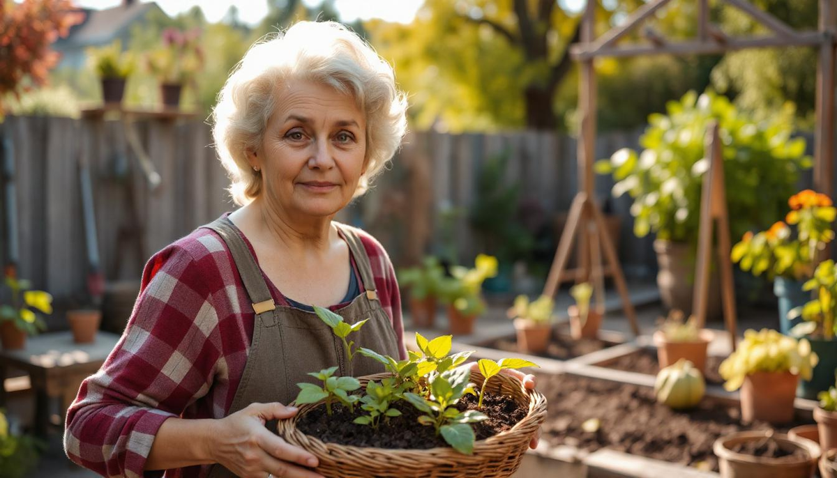 Свекровь лет 50 стоит в огороде и держит корзину с рассадой.