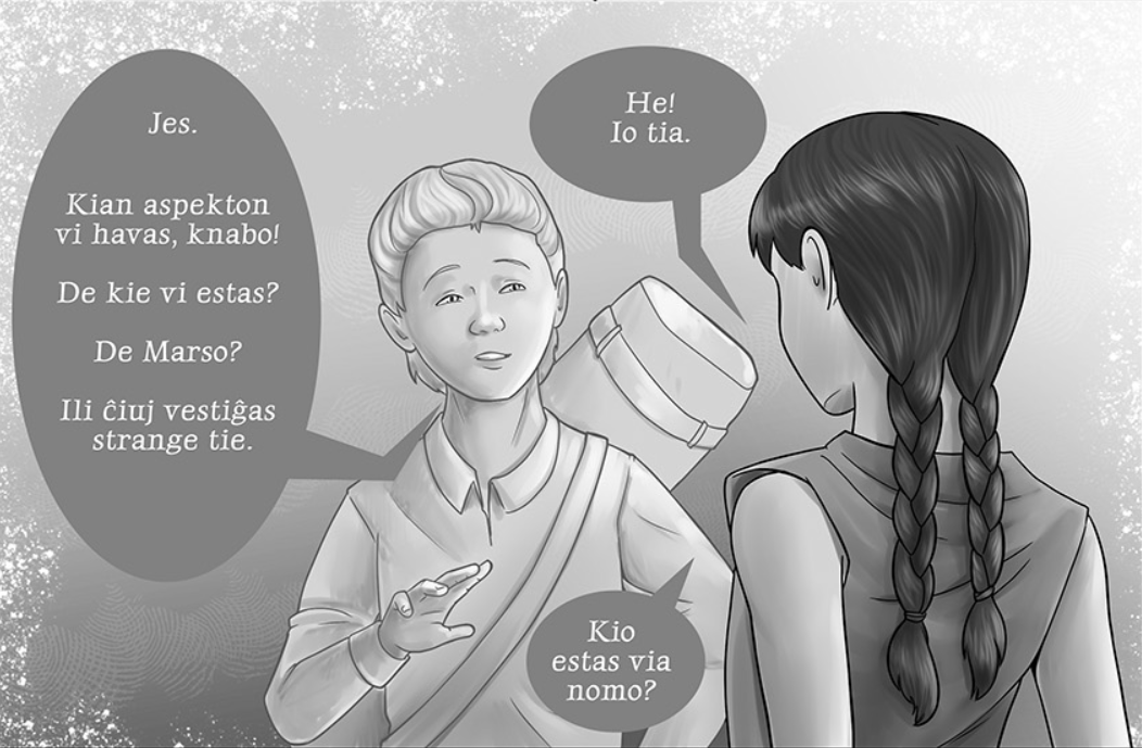 Кадр из Эсперанто-версии научно фантастического комикса "Дары бродячих льдов" на сайте mildegard.ru