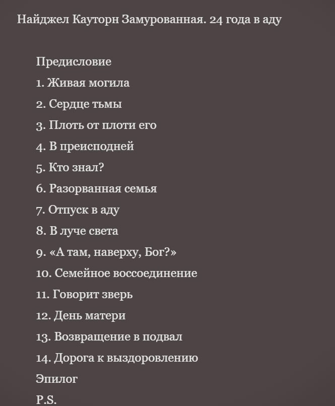 Оглавление книги «Замурованная. 24 года в аду»