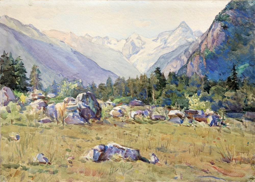 В долине Домбая. 1955  Б., акварель 31,4х44 РОМИИ