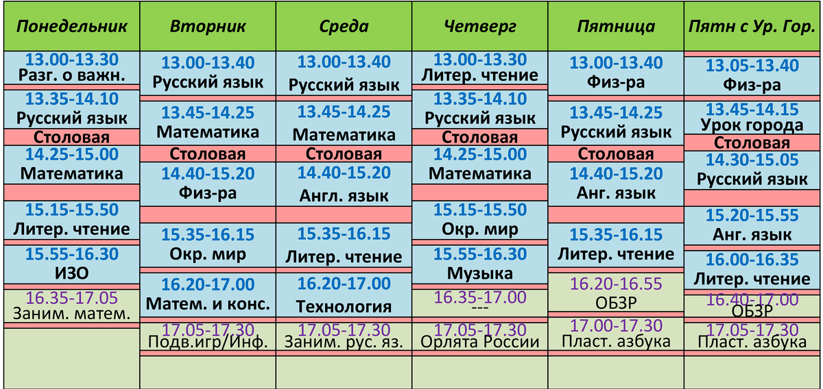 Расписание во втором классе.