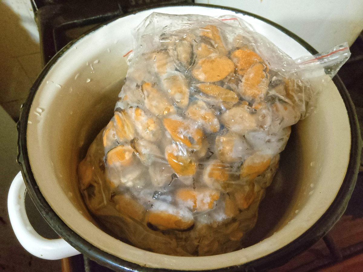 Мидии размораживаются прямо в пакете