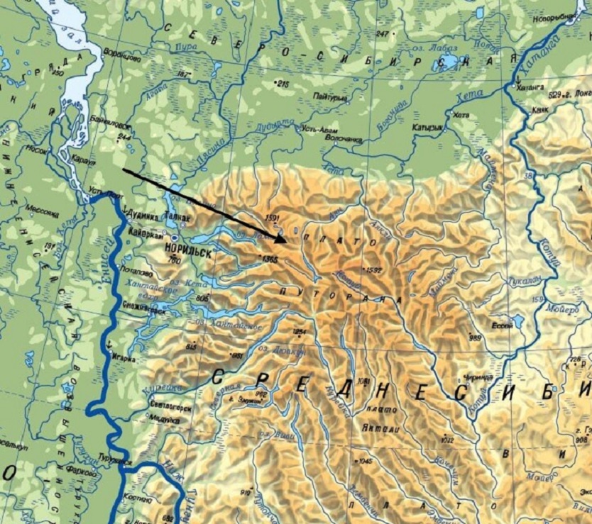 Местонахождение плато Путорана на карте
