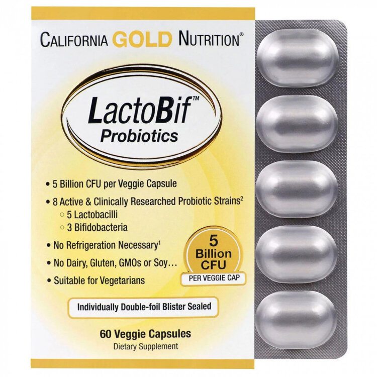 Пробиотики Lactobif® 30 от California Gold Nutrition® содержат 8 активных штаммов пробиотиков, в том числе 5 штаммов лактобактерий и 3 штамма бифидобактерий. 
