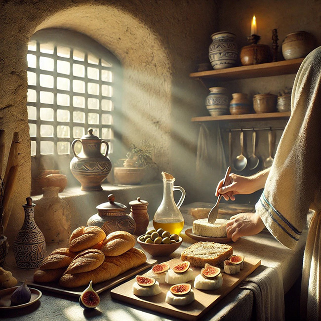 Идеальный утренний пир древних римлян: легкие закуски, вино, хлеб, фрукты.