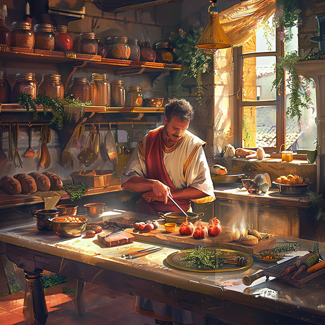 Легендарный римский шеф-повар Марк Фабий Фламиний готовит на кухне богатой виллы.