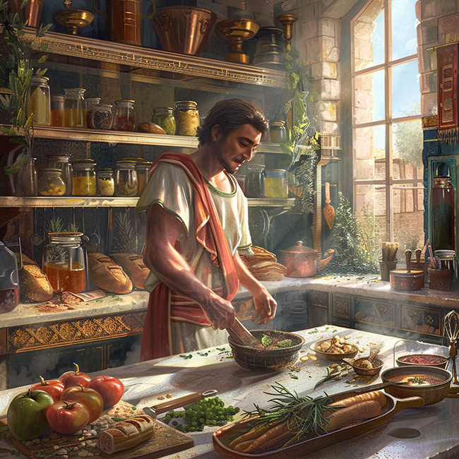 Римский повар готовит на кухне богатой виллы. Гостей ждет роскошный пир. 