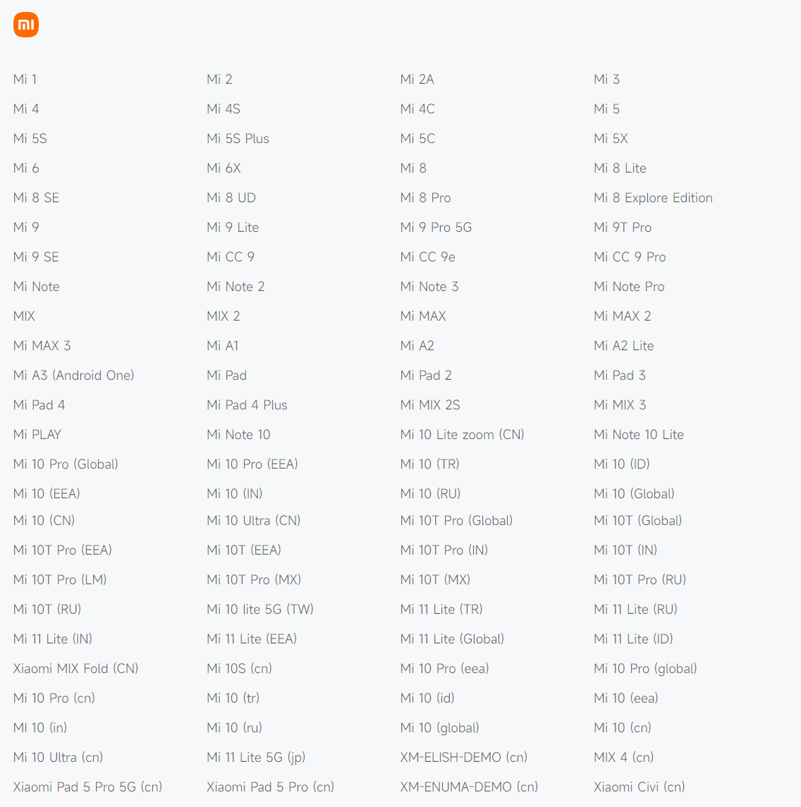 Устройства Xiaomi, поддержка которых прекращена
