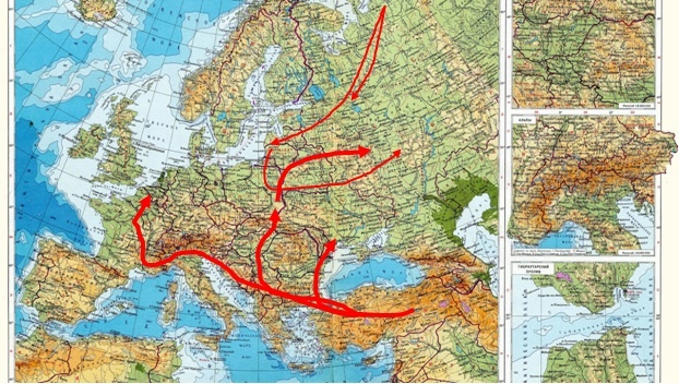 Рис. 6. Первичное расселение гаплогруппы R1a в Европе