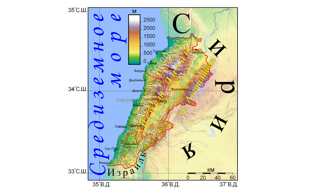 Физическая карта Ливана