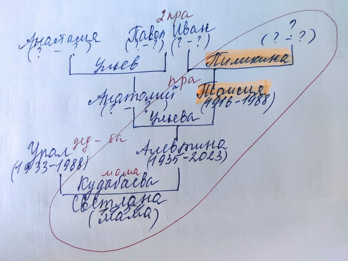 Фрагмент генеалогического древа - ветка по маме, ведущая к Пиликиным