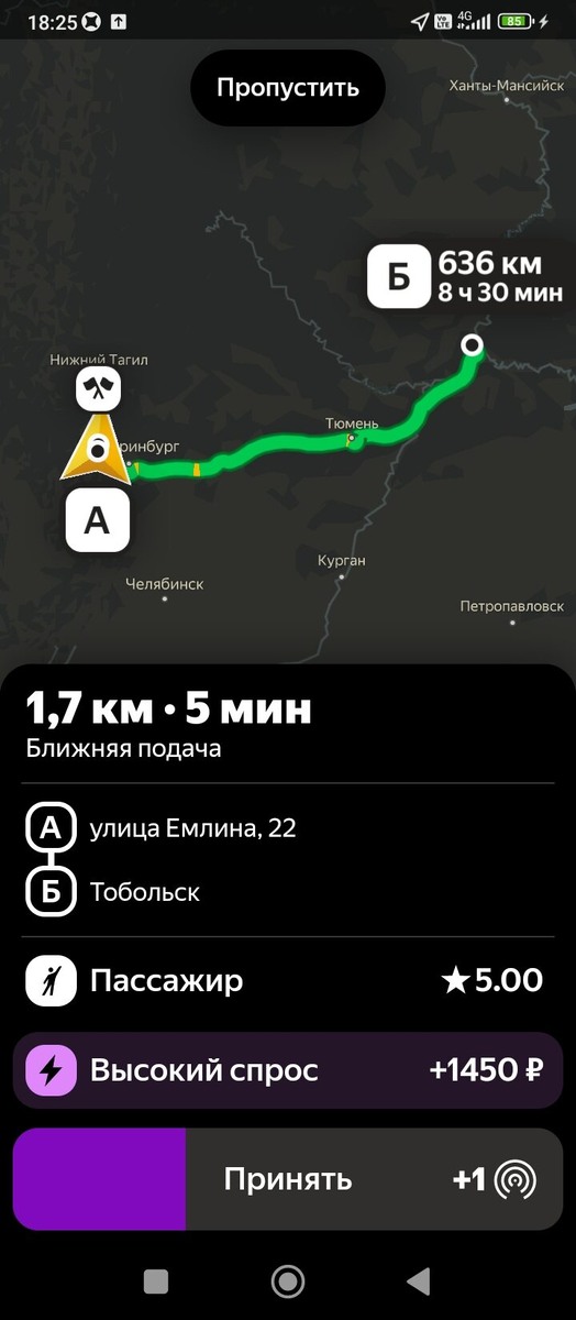 636км до Тобольска. По факту километраж оказался чуть больше.