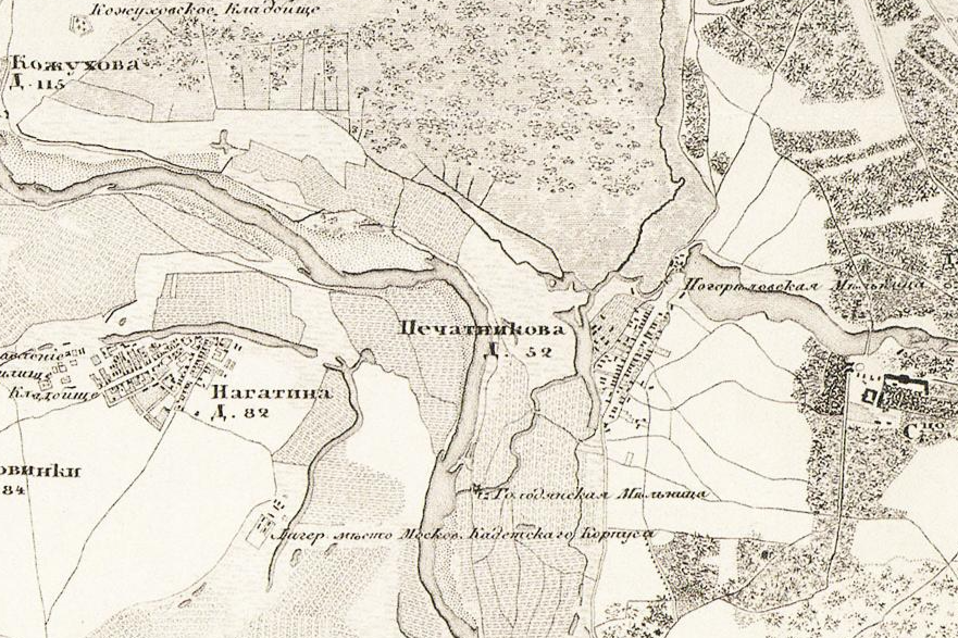 Деревня Печатникова на топографической карте Москвы и окрестностей 1848 года. Источник: retromap.ru