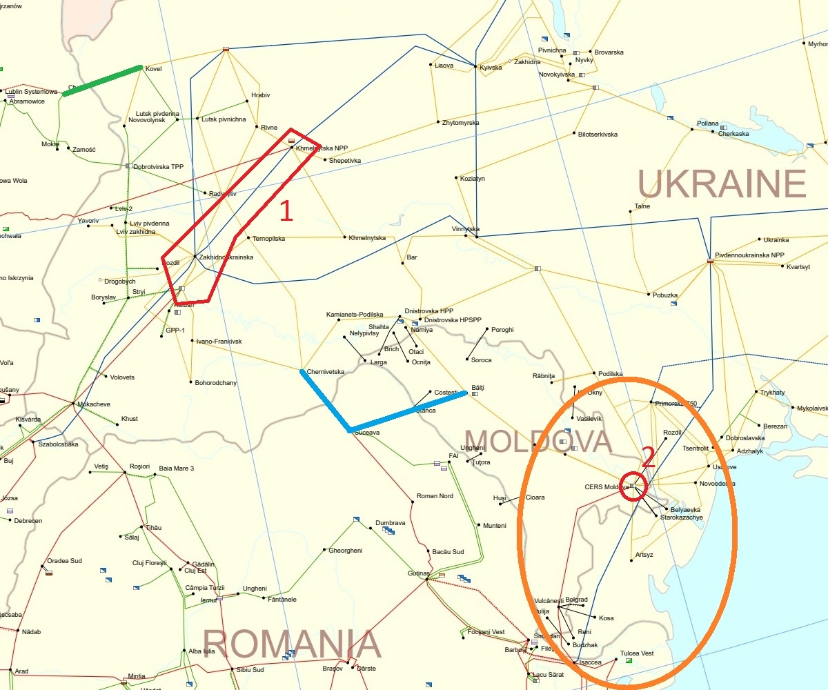 Выкопировка карты-схемы с сайта ENSTO-E. Цифрой 1 обозначены основные объекты подключения западноукраинских трансграничных линий (ХАЭС – ПС 750 кВ Западноукраинская – Бурштынская ТЭС), 2 – Молдавская ГРЭС (молдавский транзит)