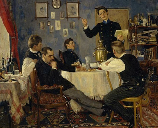 А. В. Маковский «Студент, читающий стихи (чаепитие)» (репродукция из кн: Шестимиров А. А. Забытые имена: Русская живопись XIX века. М.: Белый город, 2004. С. 404)