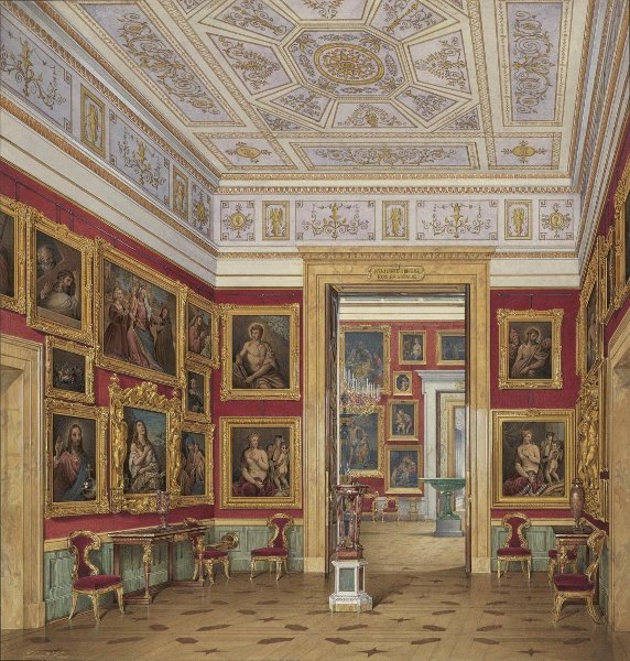 Э. П. Гау. Виды залов нового Эрмитажа. Кабинет итальянских школ. 1856 г. Картина Тициана "Се, человек!" висит в правом верхнем углу. 