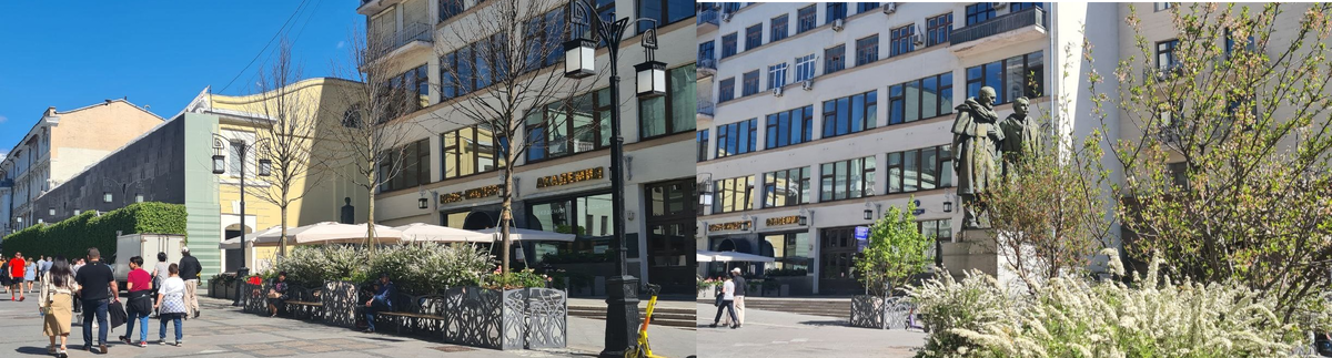 Памятник Чехову и памятник Немировичу-Данченко и Станиславскому. Начало Камергерского переулка