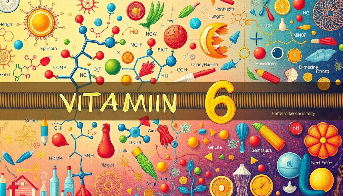 «Сложная иллюстрация биохимических процессов с участием витамина B6, демонстрирующая молекулярные структуры, ферментативные реакции и метаболические пути на ярком фоне, наполненном символическими элементами, олицетворяющими здоровье и питание». 