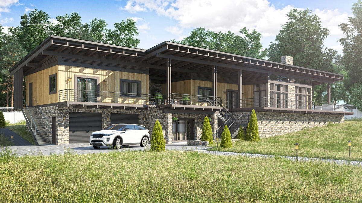 Проект загородного дома из вертикального бруса по проекту "Азимут" компании NATURI