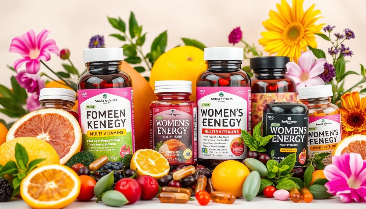 Яркая и красочная композиция, демонстрирующая ассортимент женских энергетических мультивитаминов, представленных в элегантных стеклянных флаконах и капсулах, в окружении свежих фруктов, трав и цветов, символизирующих жизненную силу и здоровье, с мягким, сияющим светом, усиливающим ощущение энергии и благополучия.