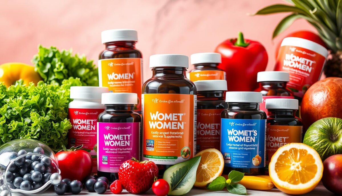 Яркая коллекция женских мультивитаминов и добавок, окруженная свежими фруктами и овощами, на ярком, заряжающем энергией фоне, передающем жизненную силу и здоровье, с акцентом на натуральные ингредиенты и активный образ жизни. 