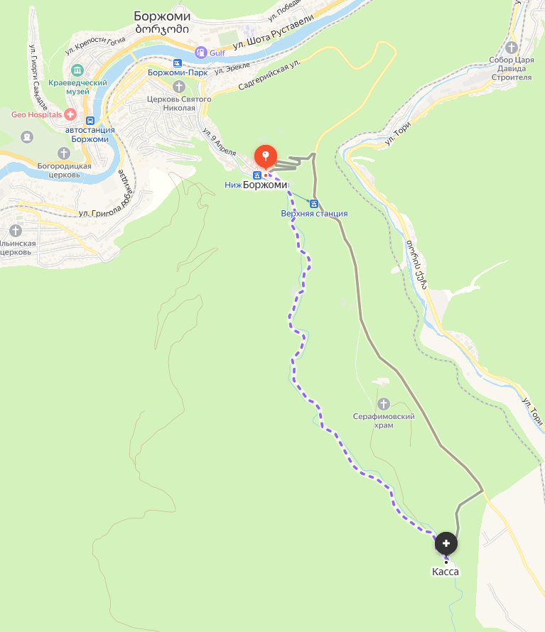 Серой полосой маршрут на джипе, пунктиром мы спускались пешком 